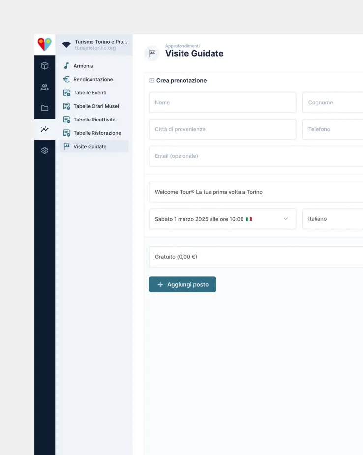 Screenshot of the Directus CMS extension used by TTP tourism professionals for booking management, specifically showing the interface for booking guided tours.