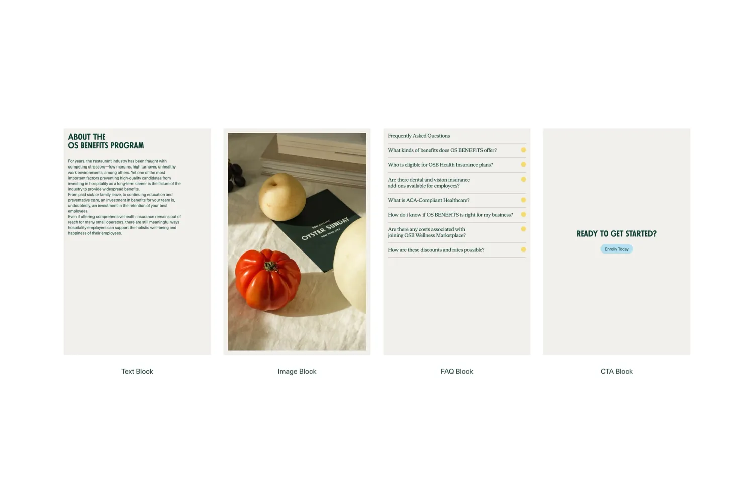 Display of available modular components used to build pages on the OS Benefits platform, ensuring brand consistency and creative flexibility via the shared headless CMS.