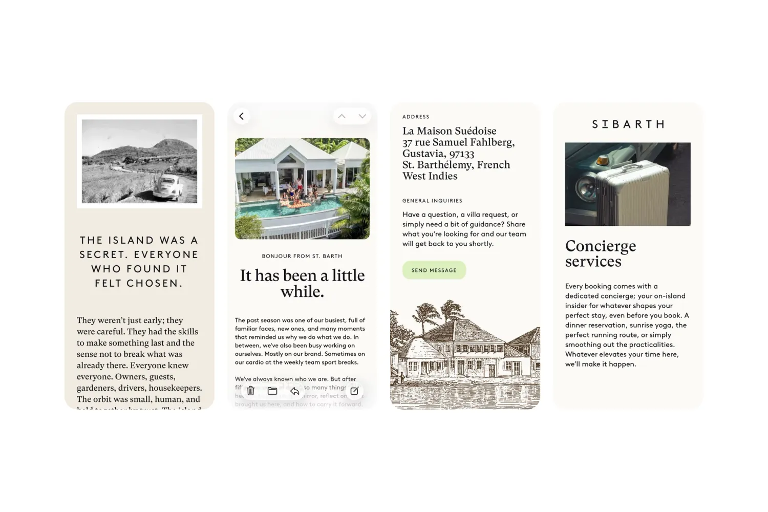 Four mobile screens from the Sibarth platform displaying the Story, Newsletter, Services, and Contact pages