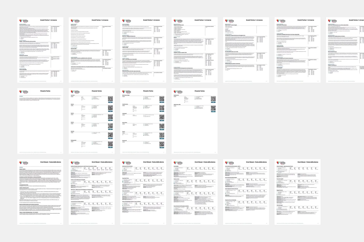 Examples of dynamic PDF documents generated in seconds by the TTP Directus backend, providing vital real-time information like museum hours and hotel details for tourism offices.