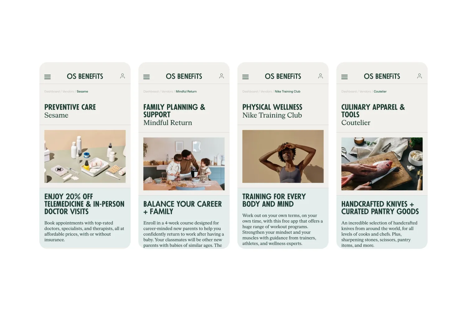 Four mobile screens displaying different vendor perks available through the OS Benefits platform, illustrating the curated range of employee benefits for the hospitality industry.