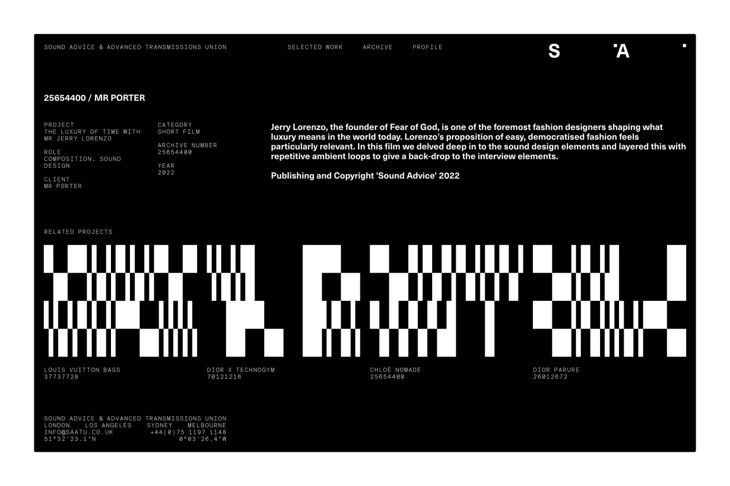 Section of SAATU's portfolio displaying related projects, each featuring its own unique, algorithmically generated barcode, underscoring the distinct identity per project.