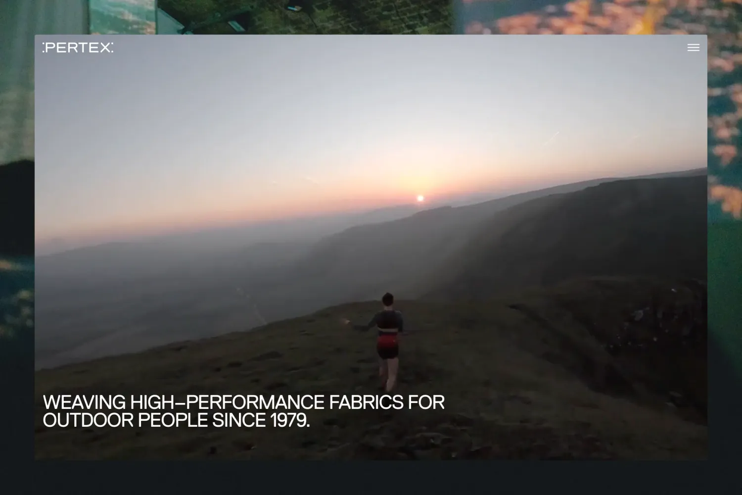 Homepage of the Pertex website, showcasing a refined web experience with immersive storytelling and seamless interactivity for their high-performance fabrics.