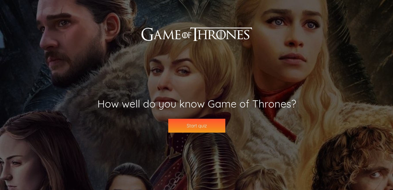 A screenshot of Game of Thrones quiz app home page. The page has a background of the game of thrones cast: Daenerys, Cersei, Tyrion, Jon Snow, Arya, Sansa