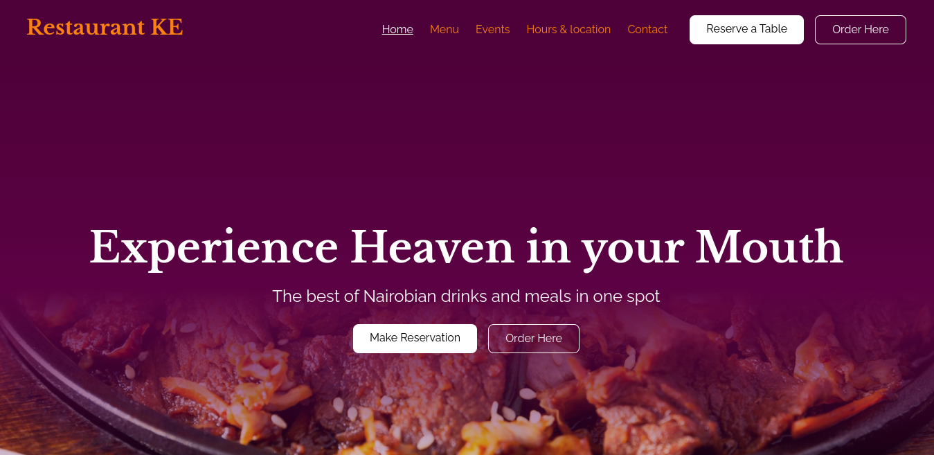 A screenshot of a fancy restaurant website home page. The page has an image of a plate of delicious meat and a headline "Experience heaven in your mouth"