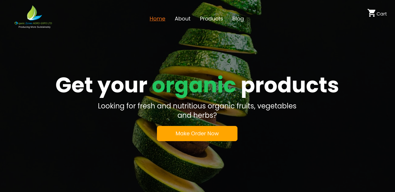 A screenshot of organic zones home page. The page has a background of a sliced avocado and a headline "Get your organic products"