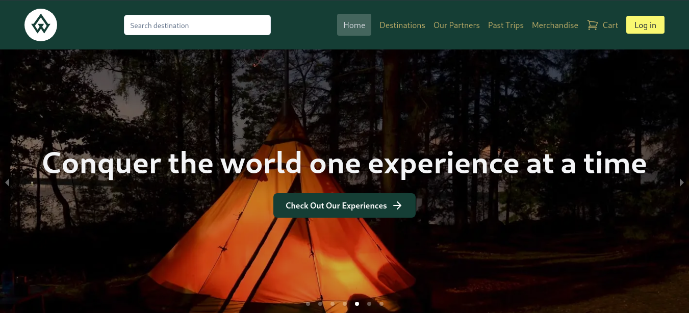 A screenshot of the Wonderland Aventura website home page showing a background of a tent in the woods and a headline "Conquer the world one experience at a time"