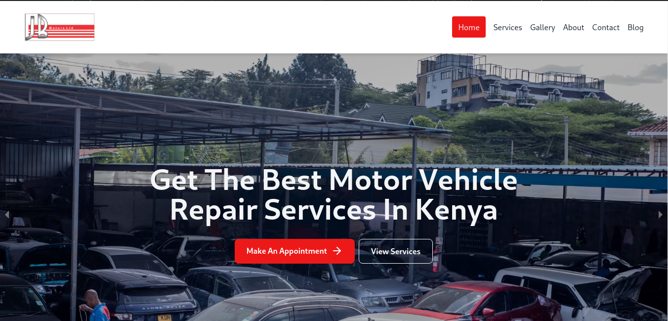  A screenshot of JB Motors Limited website home page showing JB Motors car yard full of vehicles. The website has a headline "Get the best motor vehicle repair services in Kenya"