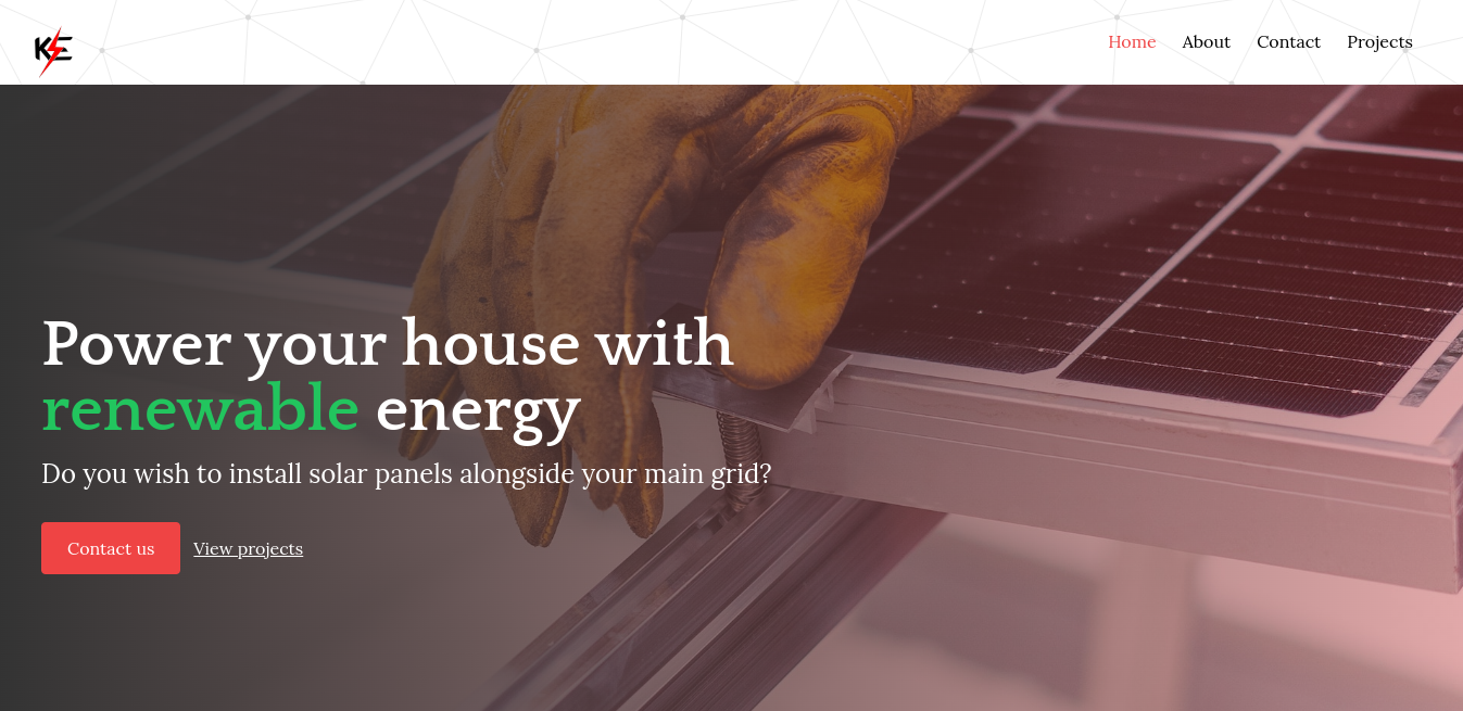 A screenshot of Kihara Electricals home page. The page has a backgound of a man laying solar panels on a roof. The page has a headline "Power your house with renewable energy"