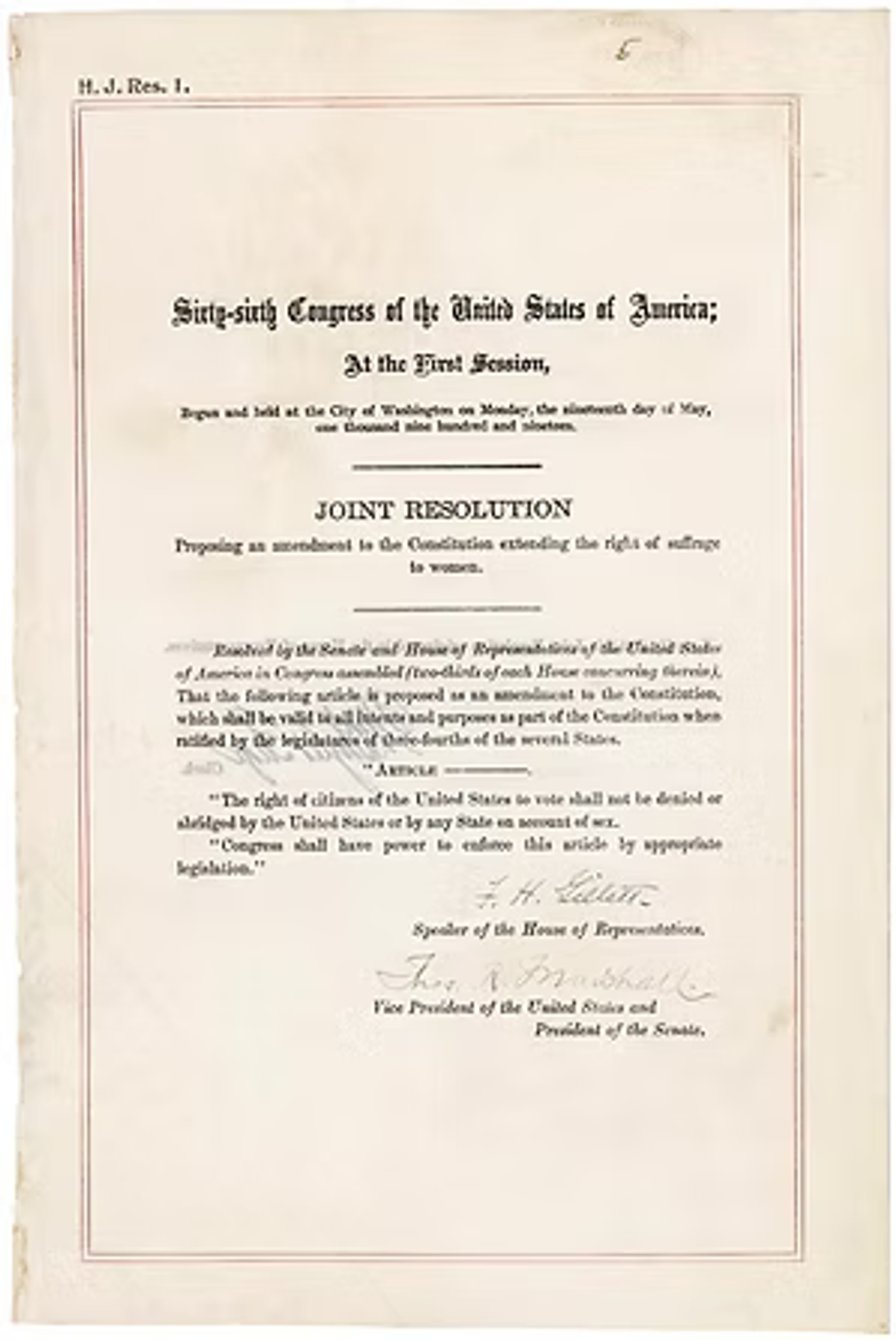 19th Amendment Joint Resolution from 56th Congress proposing women's suffrage, signed by Speaker and Vice President, 1919.