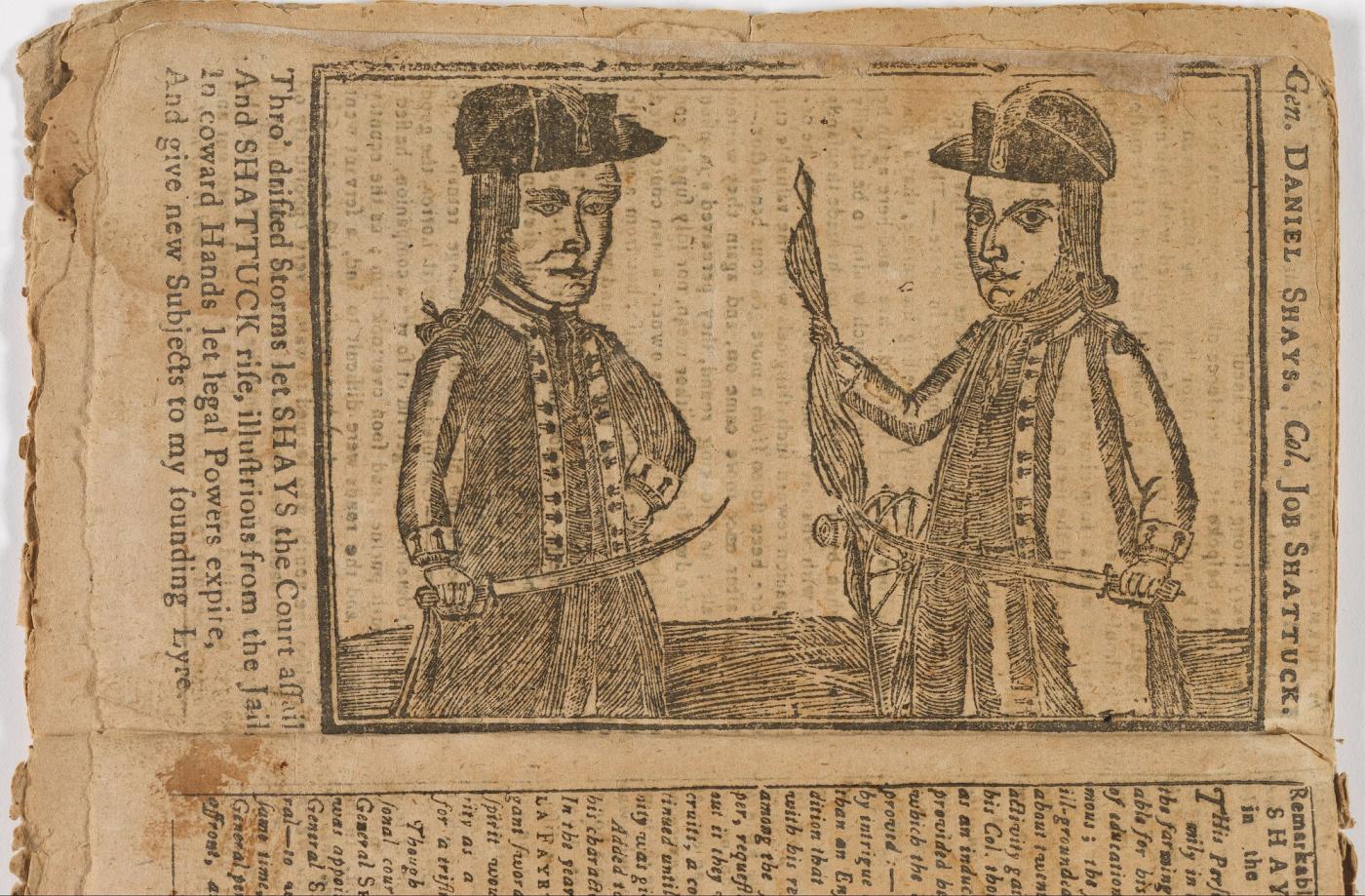 Woodcut of two men in tricorn hats and long coats holding swords, labeled "Gen. Daniel Shays" and "Col. Job Shattuck"