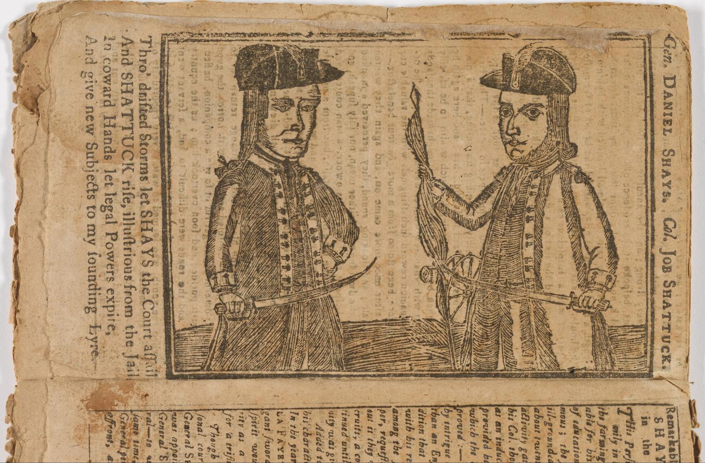 Woodcut of two men in tricorn hats and long coats holding swords, labeled "Gen. Daniel Shays" and "Col. Job Shattuck"