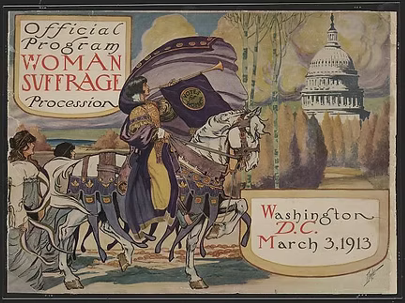 Official program cover for the Woman Suffrage Procession in Washington, D.C. on March 3, 1913, featuring a woman on horseback near the Capitol.