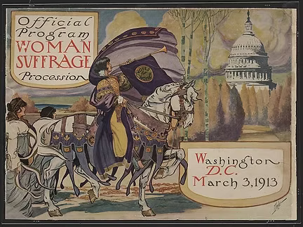 Official program cover for the Woman Suffrage Procession in Washington, D.C. on March 3, 1913, featuring a woman on horseback near the Capitol.