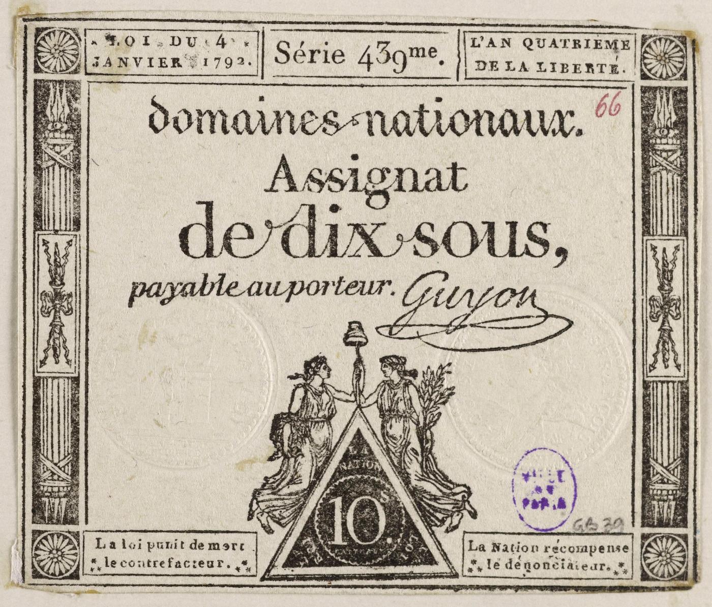 A small printed note reading domaines nationaux, Assignat de dix sous, payable au porteur, with a decorative border and a triangle bearing the figure 10