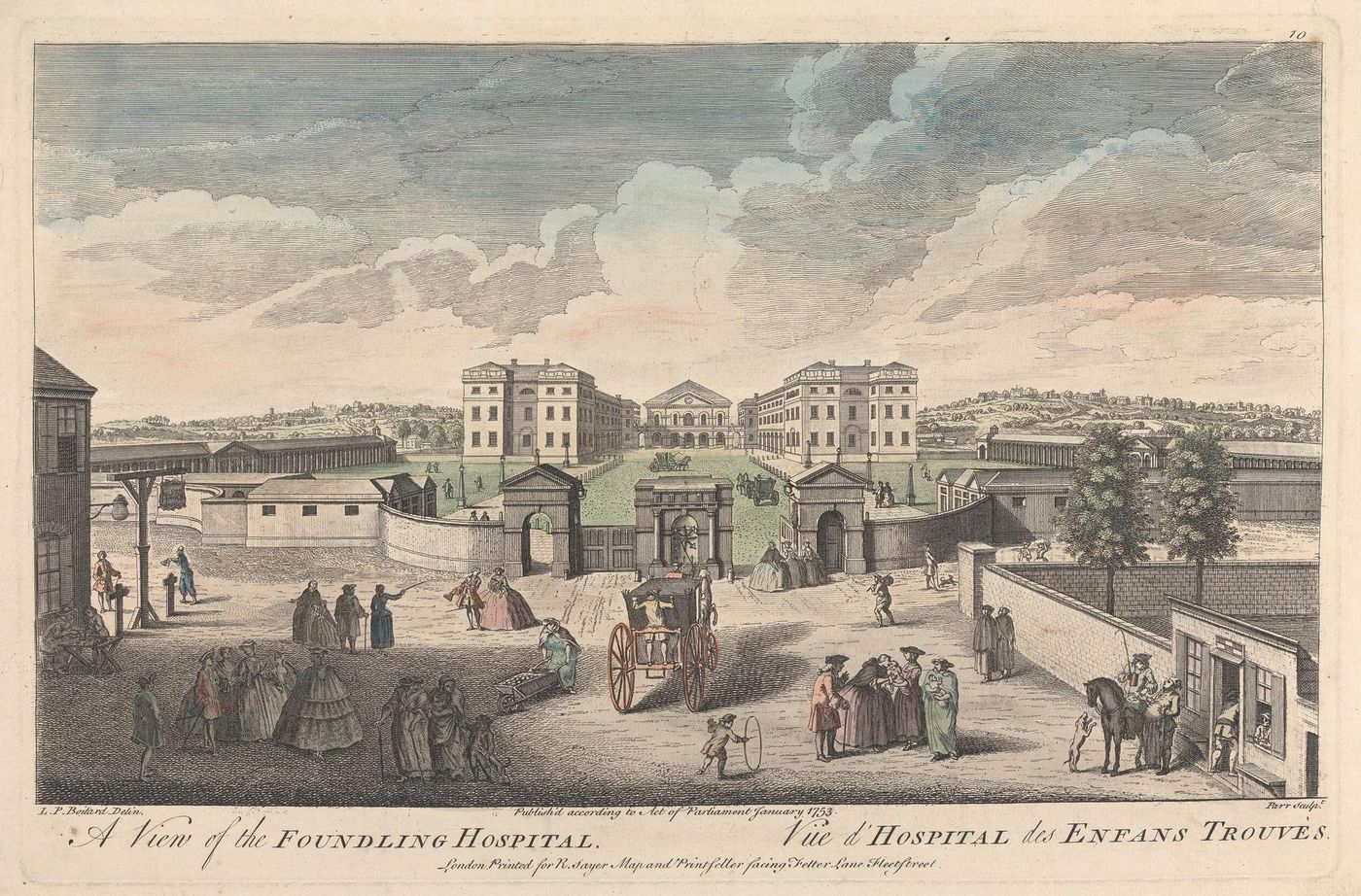 Hand-colored engraving of a large brick hospital with two long wings around a lawn, a gated forecourt with a coach, and people walking in the foreground