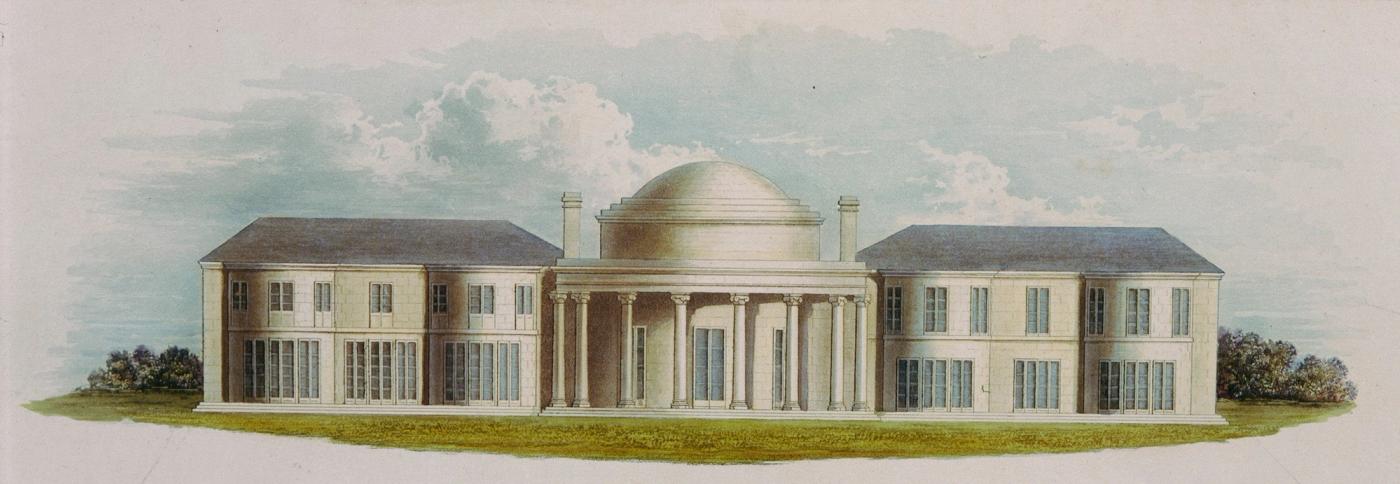 Colored view of a long pale classical villa with two wings and a central domed rotunda behind a columned porch, set on a lawn