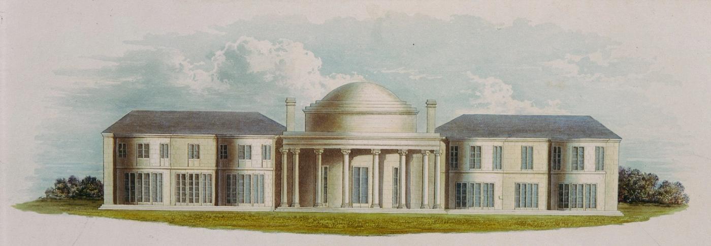 Colored view of a long pale classical villa with two wings and a central domed rotunda behind a columned porch, set on a lawn