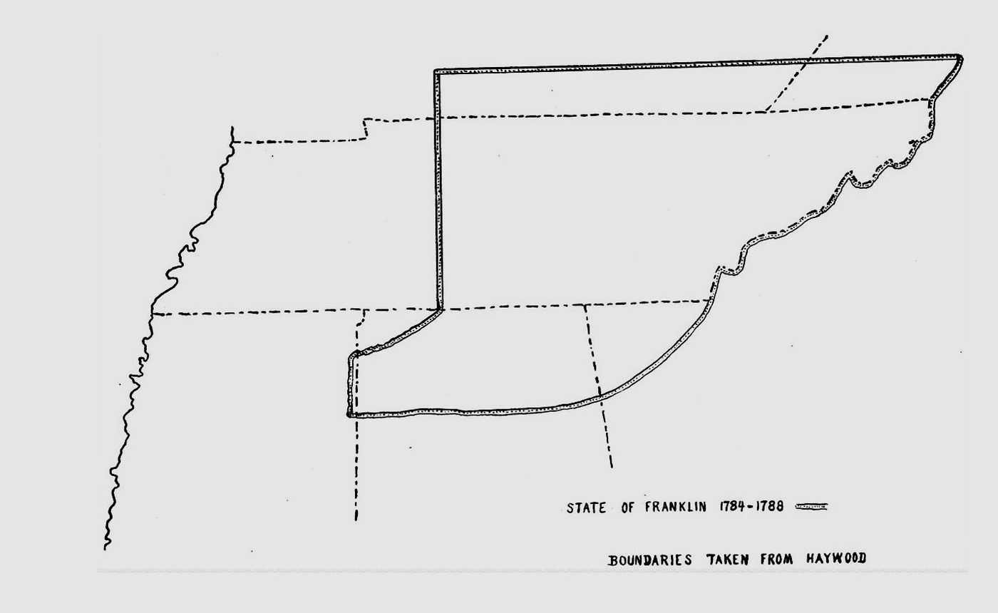 Line map of the State of Franklin, a broad territory drawn with a double border reaching from the mountains in the east toward the Tennessee River, with later state lines dashed and the Mississippi at the far left