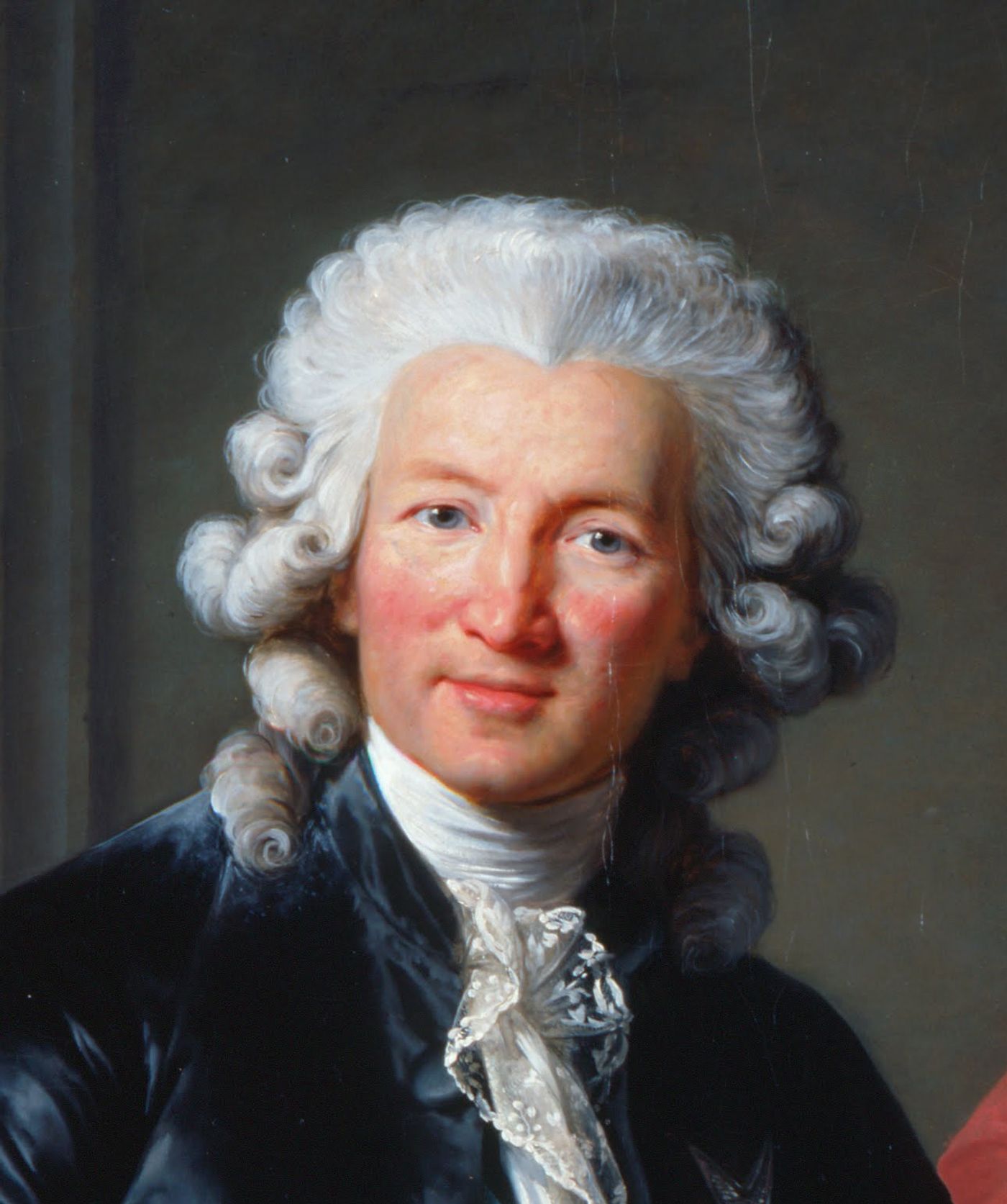 Detail of an oil portrait of a smiling man with powdered white curled hair, a dark coat, and a lace jabot at his throat