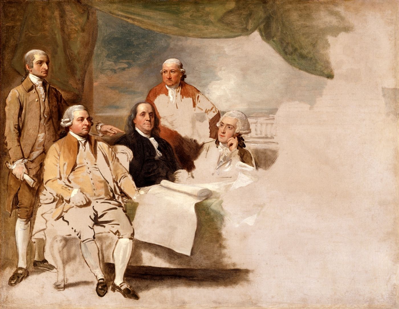 Unfinished painting of five American peace commissioners gathered at a table, with the right side of the canvas left blank