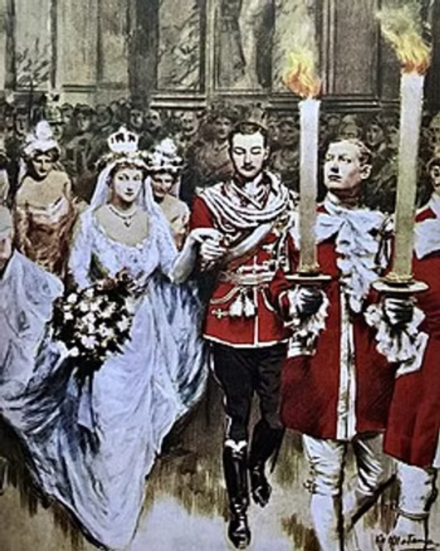 Royal wedding ceremony in ornate palace hall with bride in white gown, groom in red military uniform, and attendants in formal dress, Berlin 1913.