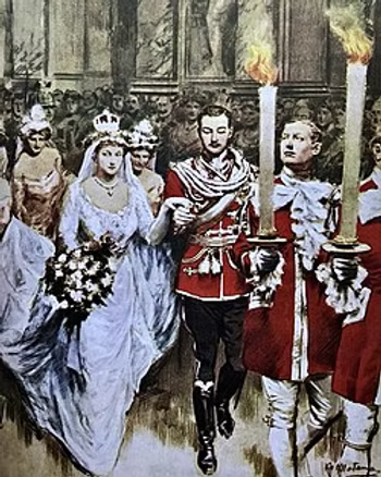 Royal wedding ceremony in ornate palace hall with bride in white gown, groom in red military uniform, and attendants in formal dress, Berlin 1913.