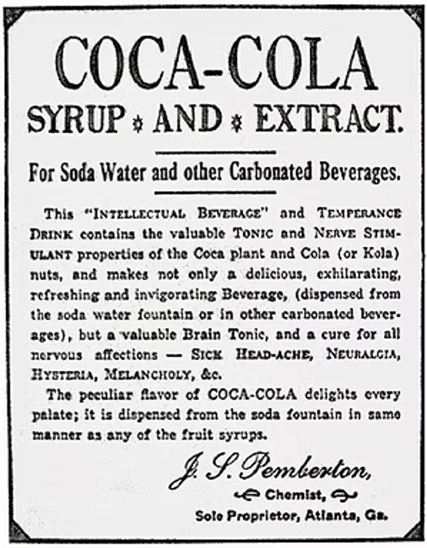 Vintage Coca-Cola syrup and extract advertisement from Atlanta, Georgia, claiming medicinal benefits for nervous ailments.