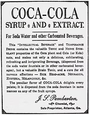 Vintage Coca-Cola syrup and extract advertisement from Atlanta, Georgia, claiming medicinal benefits for nervous ailments.