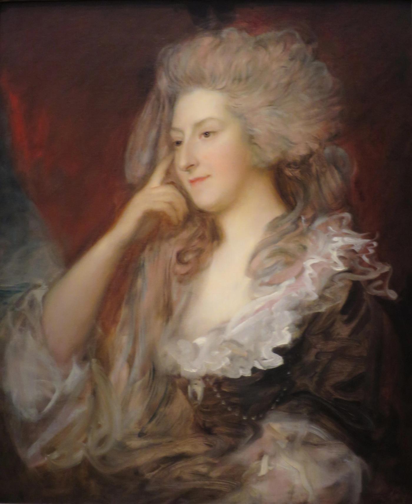 Oil portrait of Maria Fitzherbert with high powdered hair, resting her cheek on one finger, in a dark gown with a ruffled white collar against a red curtain
