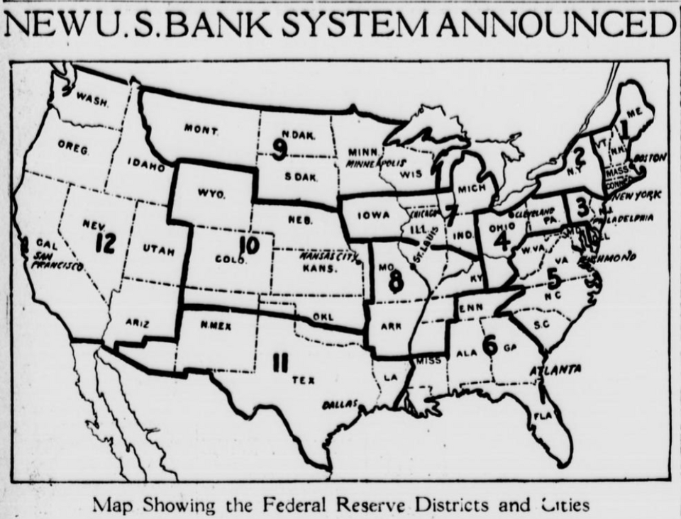 Map of the United States showing 12 Federal Reserve Districts and their designated cities, announced as the new U.S. Bank System.