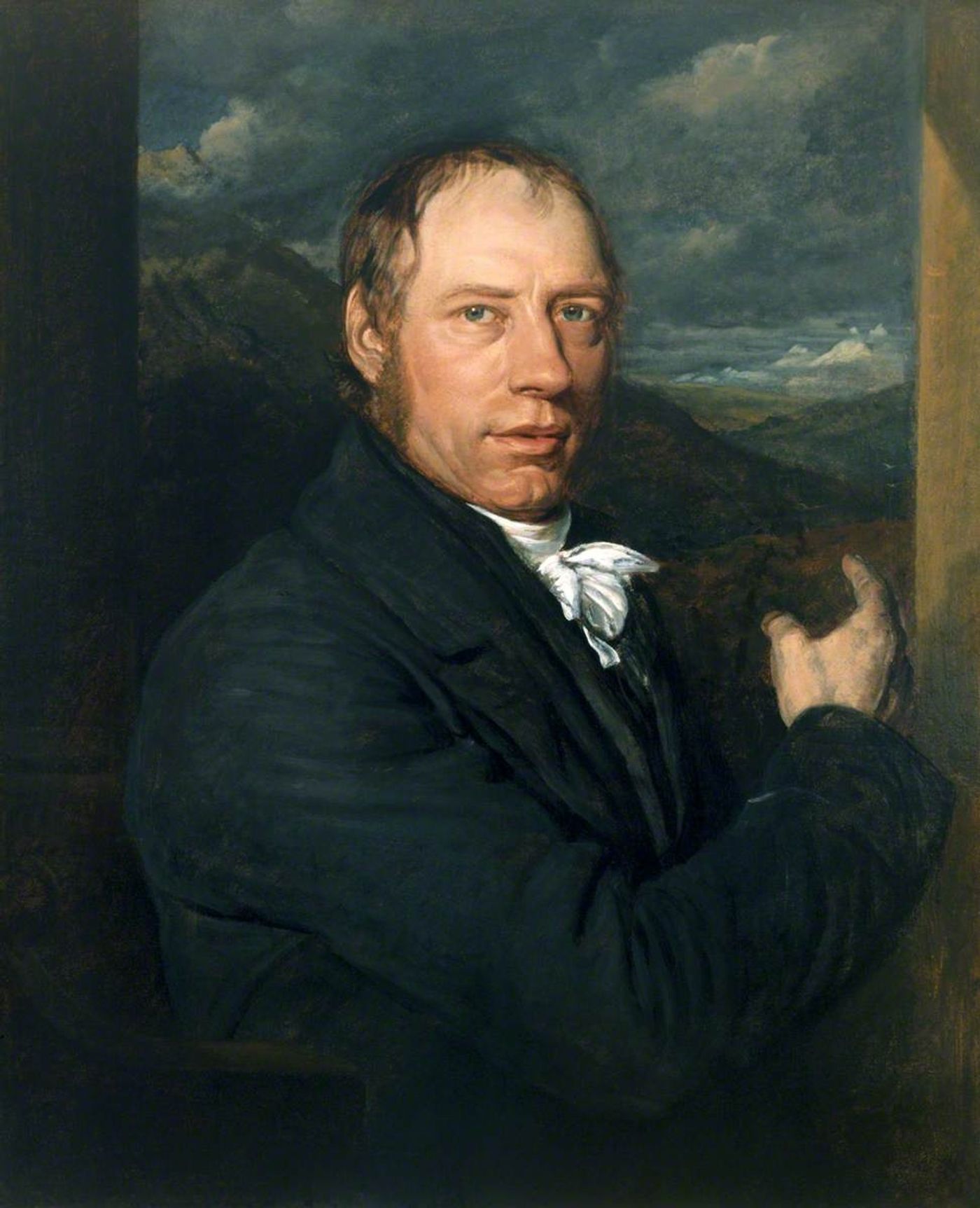 Oil portrait of a large, heavy-shouldered man in a dark coat and white stock, turned toward the viewer against a stormy sky over open hill country, one hand raised against a stone pier