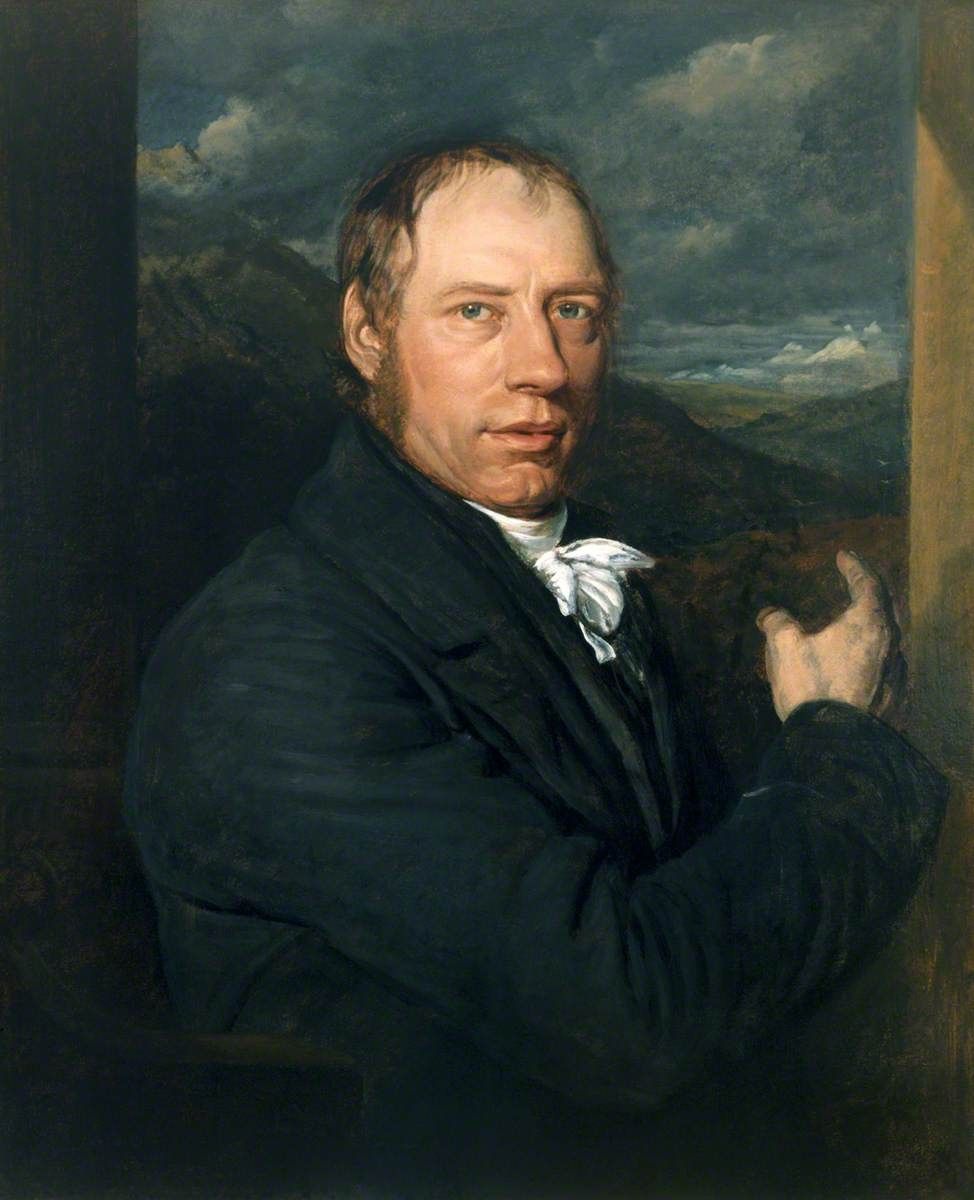 Oil portrait of a large, heavy-shouldered man in a dark coat and white stock, turned toward the viewer against a stormy sky over open hill country, one hand raised against a stone pier
