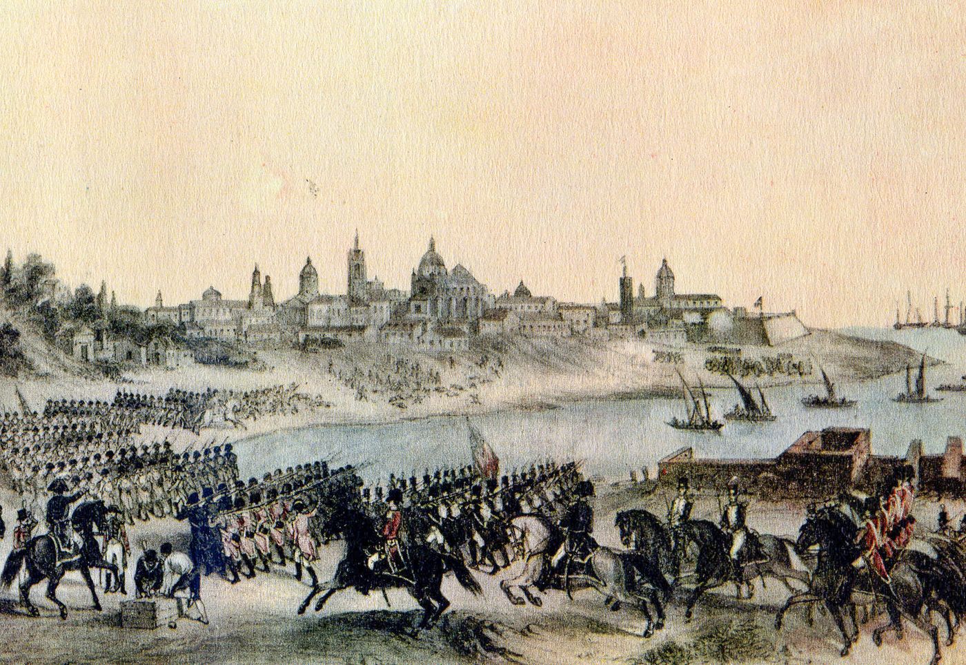 Colored print of columns of soldiers and mounted officers on a riverbank, with the domes and towers of Buenos Aires and ships in the distance