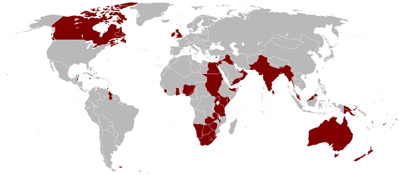 World map showing the British Empire at its territorial height, with dark red indicating British-controlled territories and colonies across continents.
