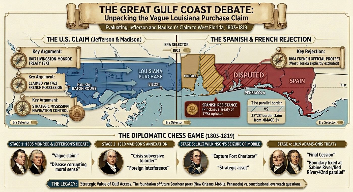 Infographic showing the Great Gulf Coast Debate over Louisiana Purchase claims between U.S. and Spain/France from 1803-1819, displaying territorial disputes and diplomatic negotiations.