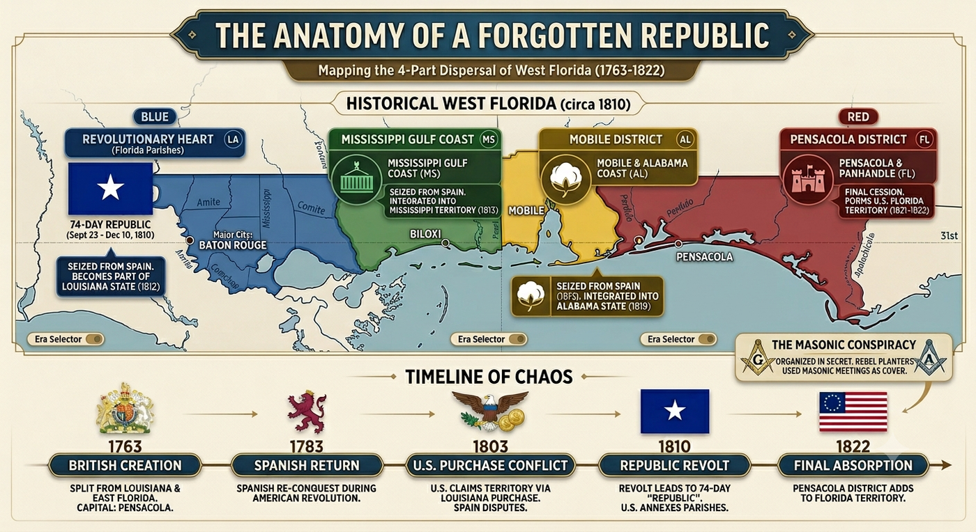 Historical map showing West Florida's territorial divisions (1763-1822) and timeline of control changes between British, Spanish, and American powers.