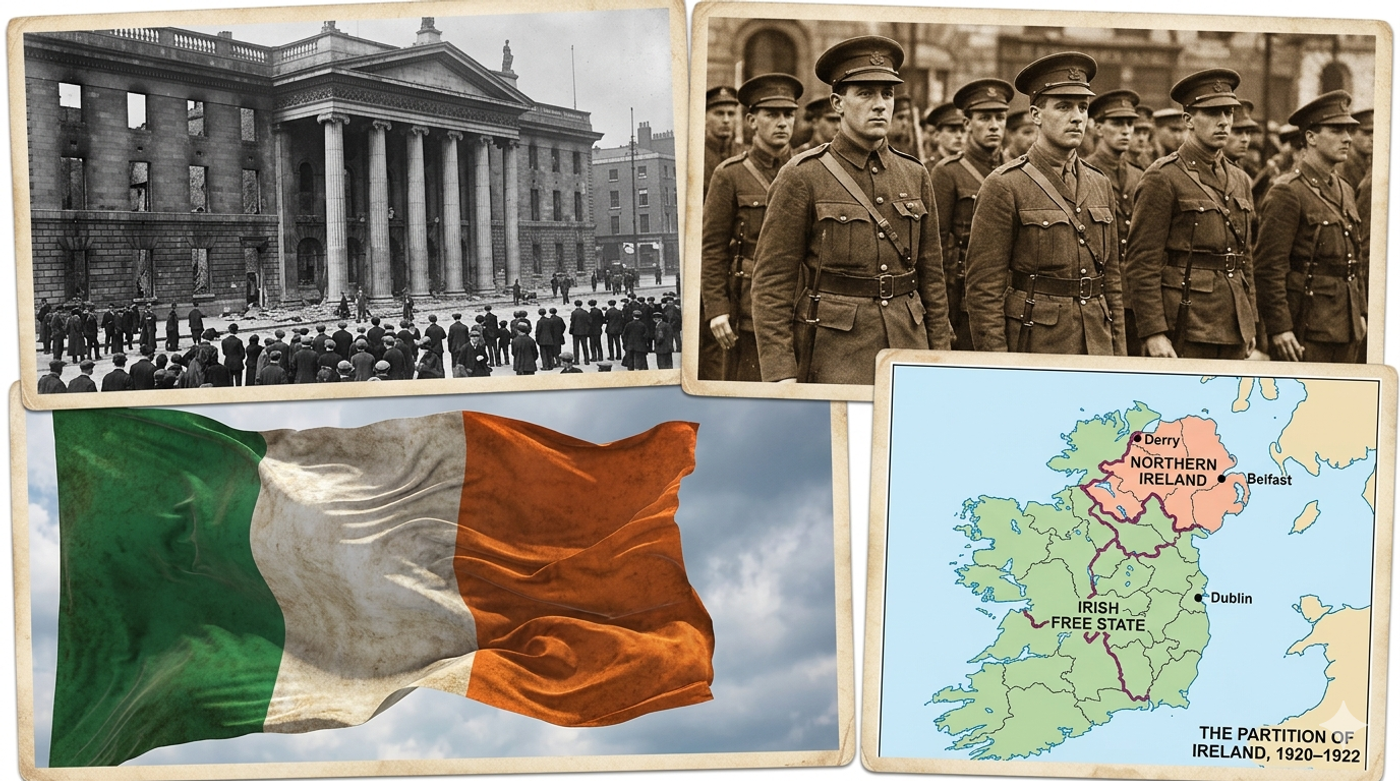 Four historical images showing Irish independence: Dublin building, Irish soldiers, Irish flag, and map of Ireland's 1920-1922 partition.