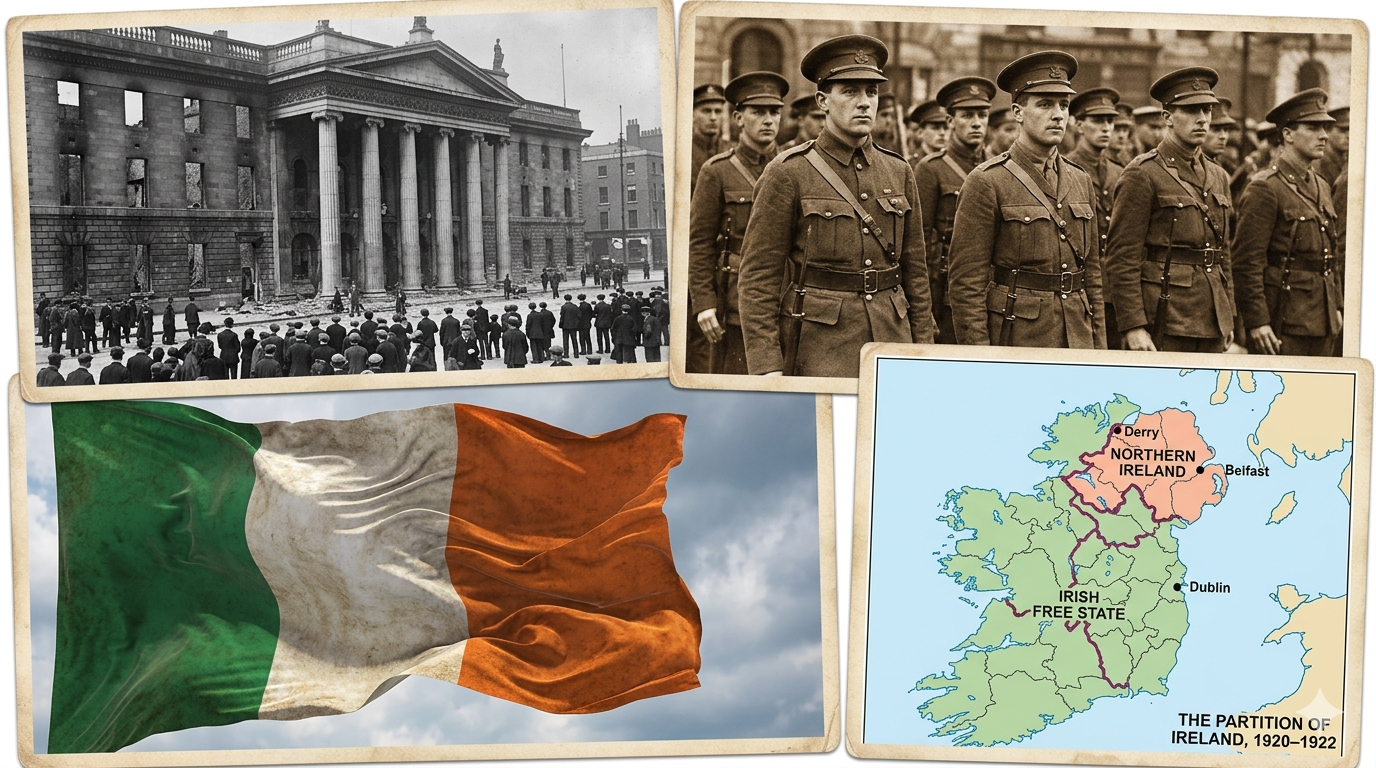 Four historical images showing Irish independence: Dublin building, Irish soldiers, Irish flag, and map of Ireland's 1920-1922 partition.
