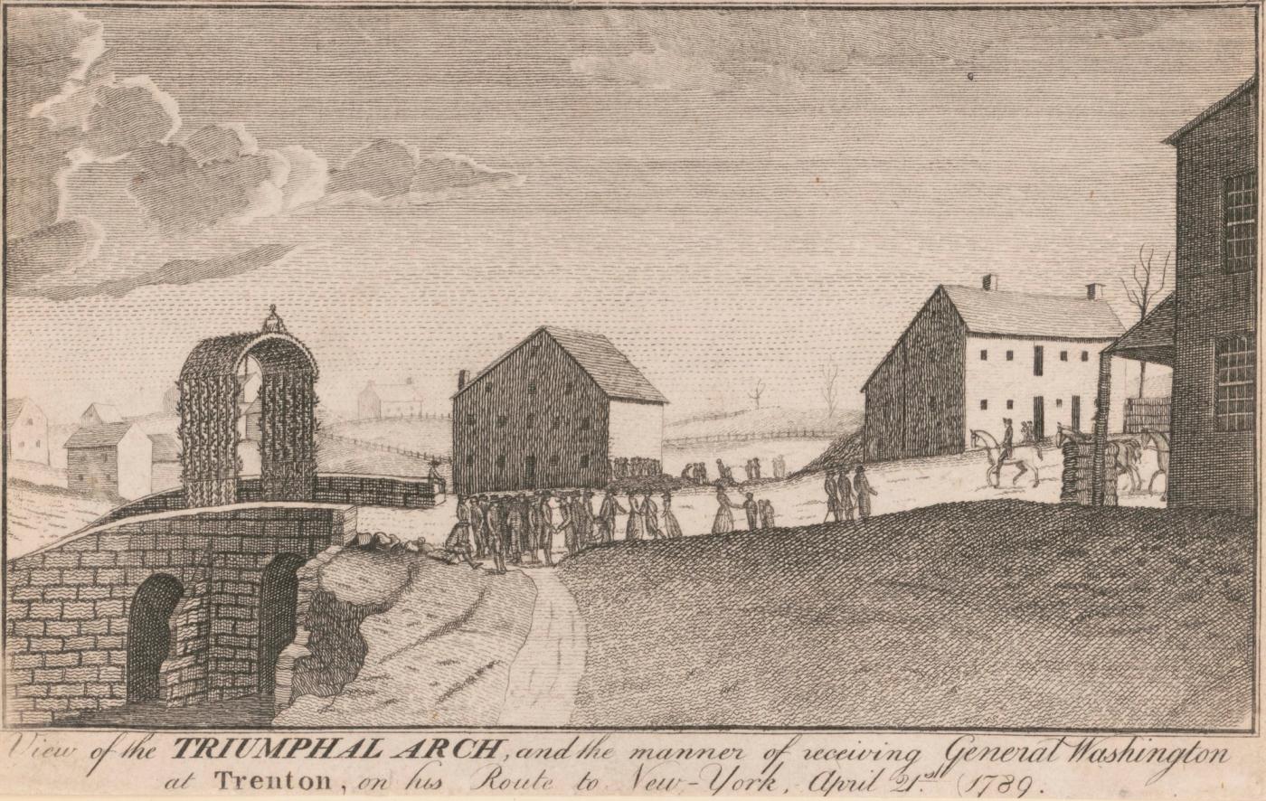 Black-and-white etching of a flower-covered arch on a stone bridge, with a crowd of townspeople and riders gathered on a road among plain wooden buildings