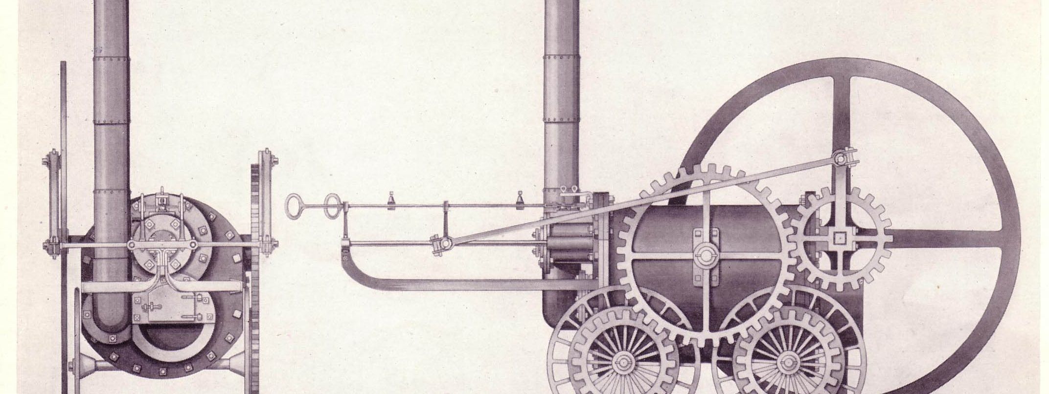 Engineering drawing of an early locomotive in two elevations: at left the end view with a tall chimney rising from a cylindrical boiler, at right the side view showing the boiler, a train of toothed gears and a very large spoked flywheel