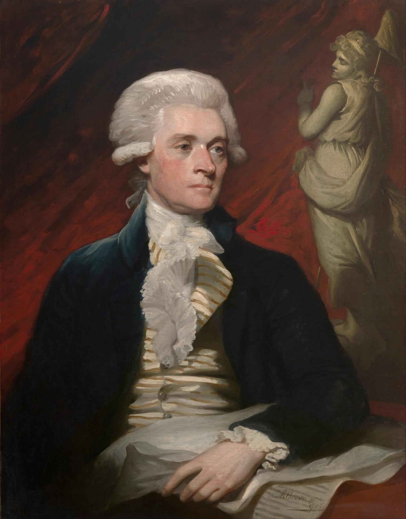 Oil portrait of a seated Thomas Jefferson in a powdered wig and dark blue coat over a striped waistcoat, papers resting across his lap, a pale classical statue of Liberty holding a staff standing against the red drapery behind him