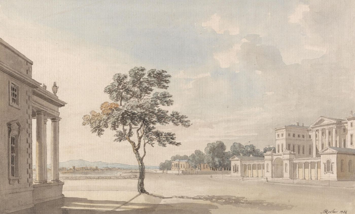 Watercolor of a broad open forecourt with a single tree, the colonnaded screen and pale classical front of Carlton House on the right and the corner of a columned building on the left