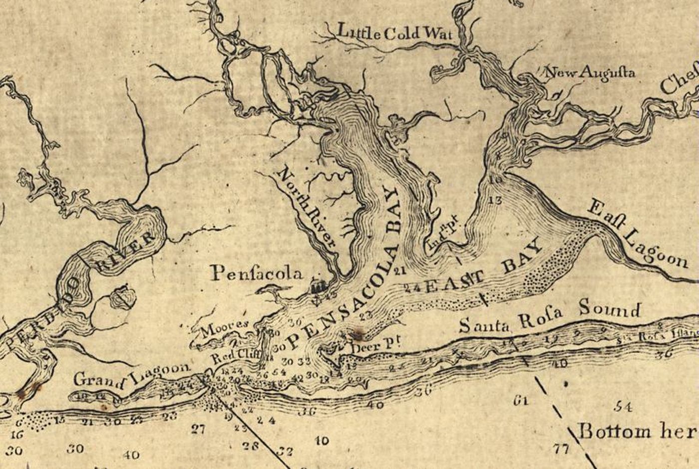 Historical map showing Pensacola, Santa Rosa Sound, and Pensacola Bay in West Florida with depth soundings and coastal features.