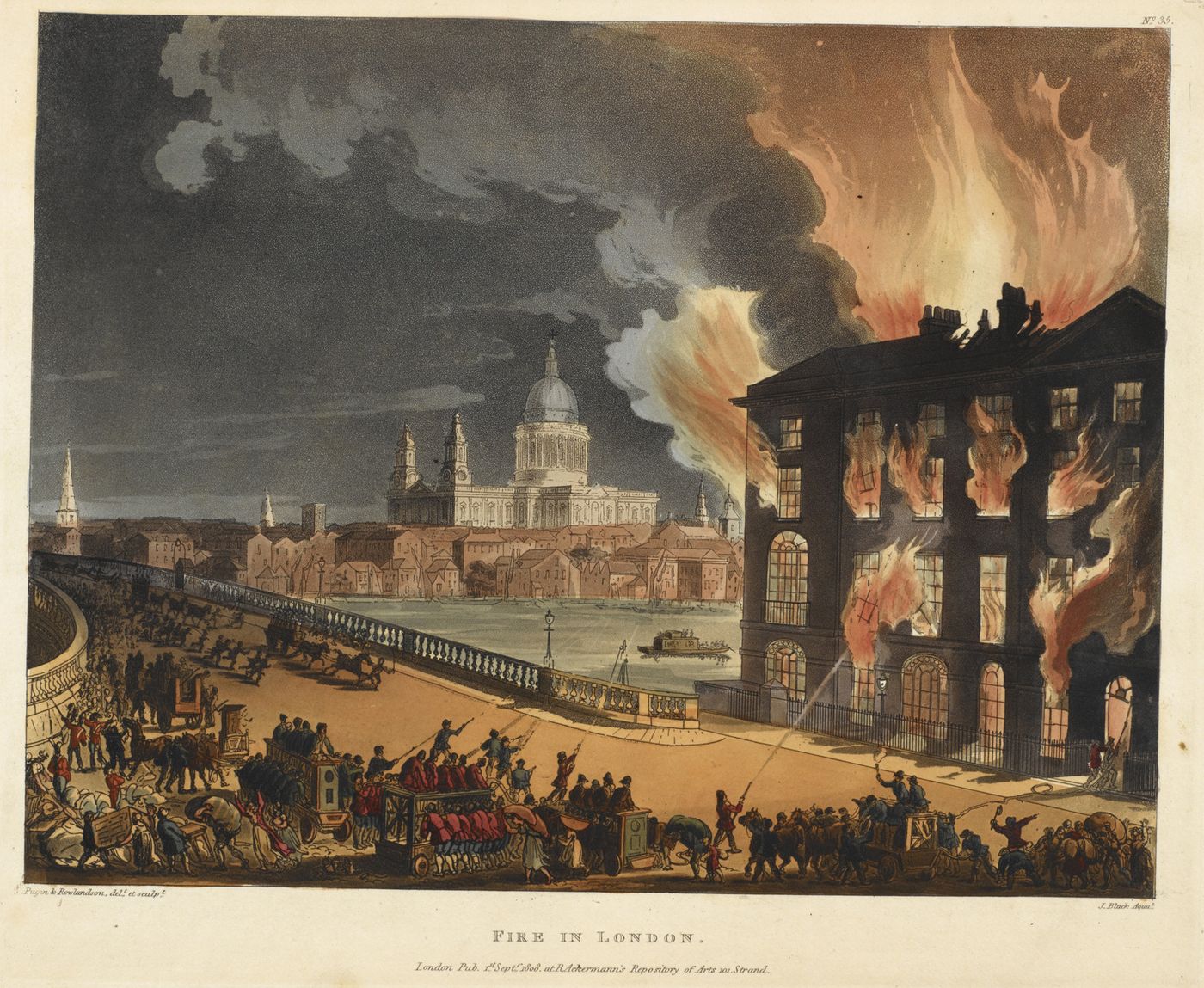 Hand-coloured aquatint of a night fire at Blackfriars: a tall building on the right burns through every window while a crowd works hand-pumped fire engines in the road, carts stream away over the bridge and the dome of St Paul’s stands across the Thames