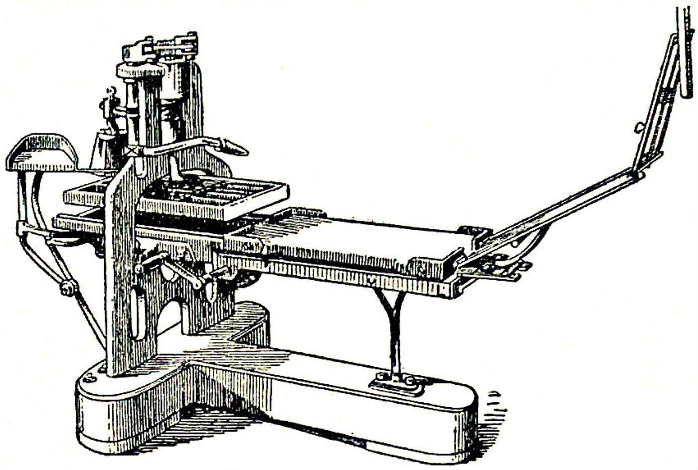 Line engraving of an iron hand press with a heavy curved frame, a flat bed on rails, and a long pulling bar at the side