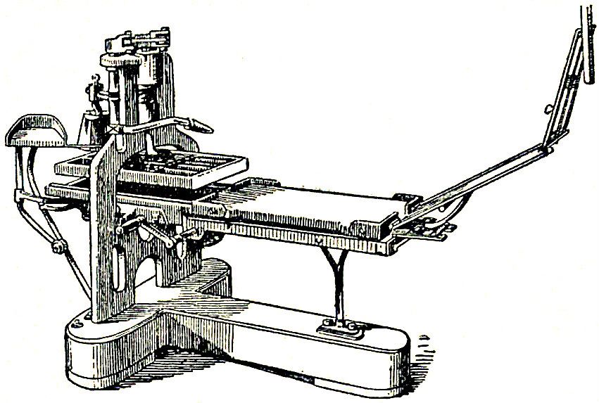 Line engraving of an iron hand press with a heavy curved frame, a flat bed on rails, and a long pulling bar at the side