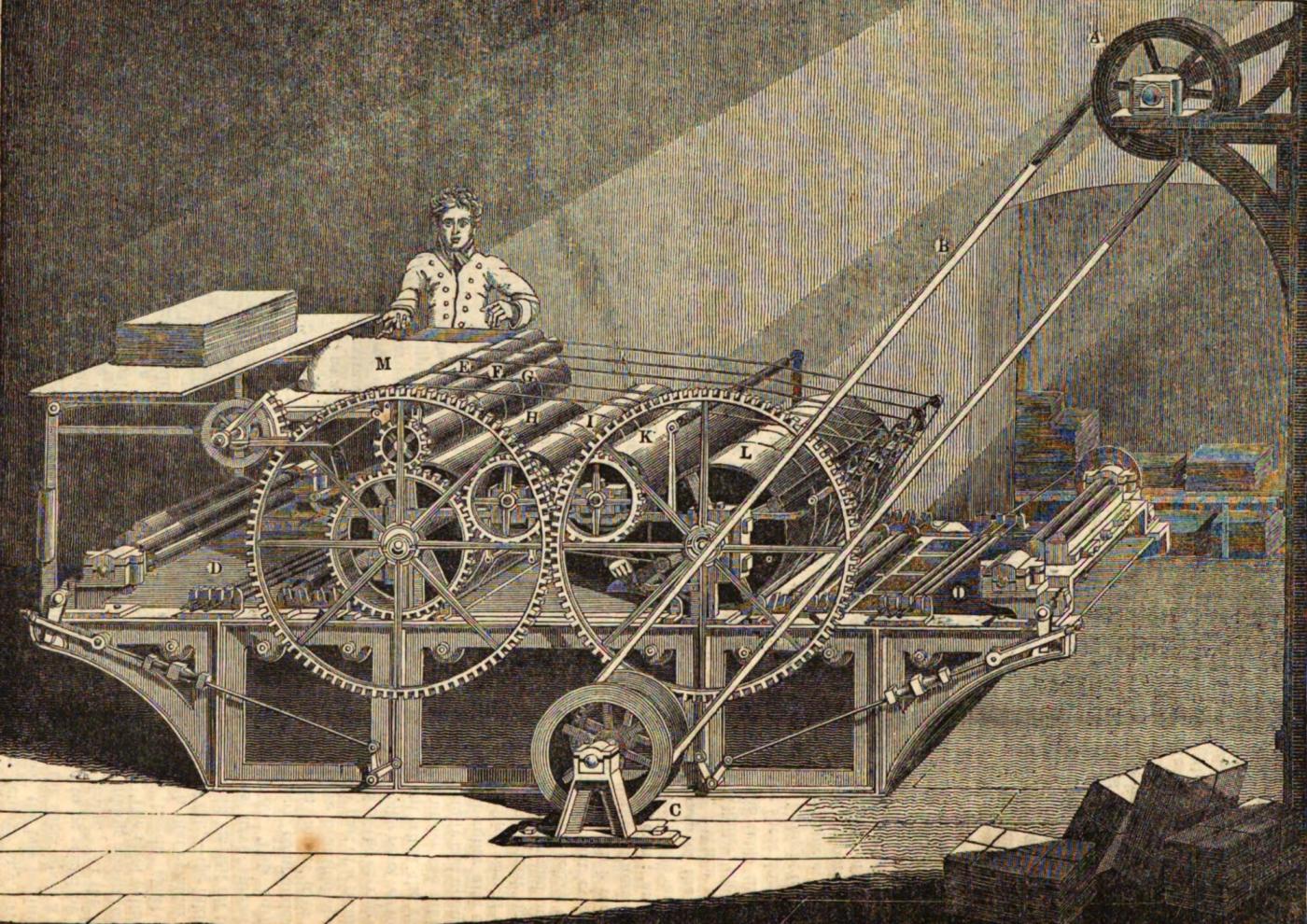 Woodcut of a large printing machine with several cylinders, gear wheels, and a belt drive, with a worker standing at the top feeding sheets