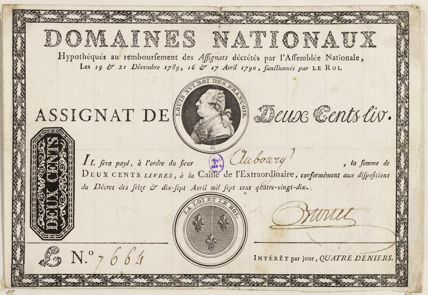A printed paper note headed DOMAINES NATIONAUX, with a medallion portrait of Louis XVI, the words ASSIGNAT DE Deux Cents liv., a handwritten signature, a serial number, and a line on interest per day
