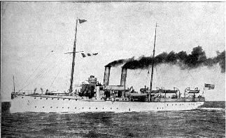 Steam-powered warship with two tall masts and multiple smokestacks, flying flags, photographed at sea in black and white. SMS Panther